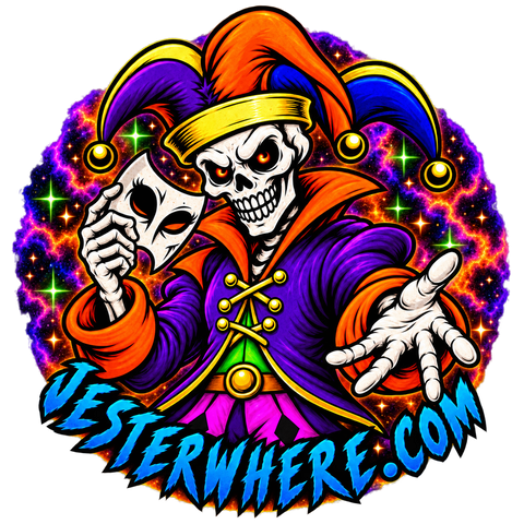 JesterWhere.com jester with theatrical mask and cosmic stars